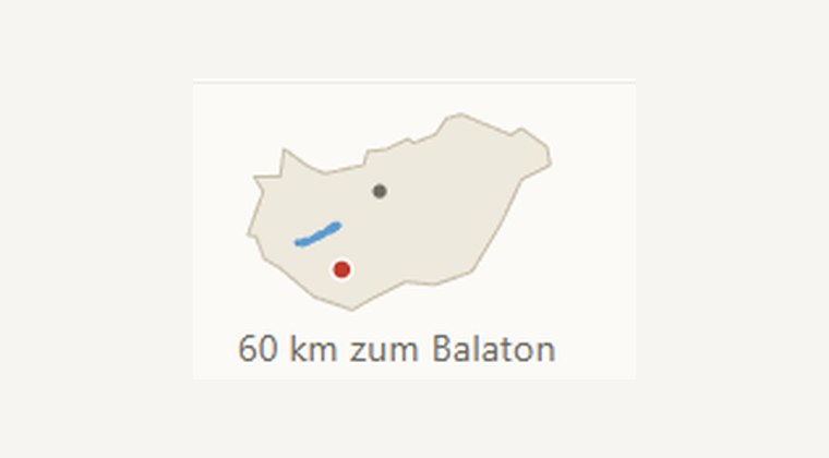 Kleine Ungarnkarte mit der Lage des Hauses und der Entfernung zum Balaton