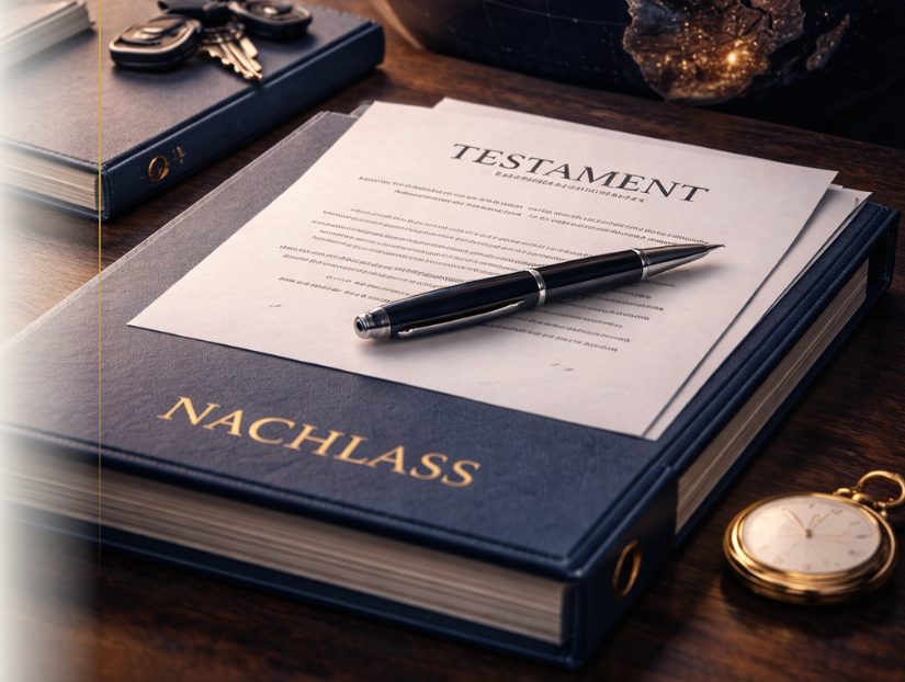Nachlassmappe mit Testament, Füller und Taschenuhr auf einem Schreibtisch