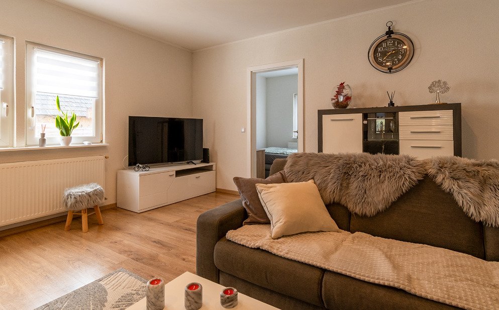 Bright living room with optimal space utilization and versatile usage options