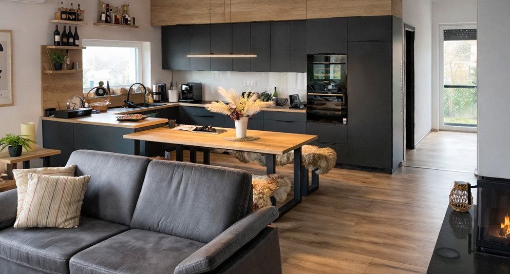 Open living and kitchen concept with integrated dining area and high-quality fitted kitchen