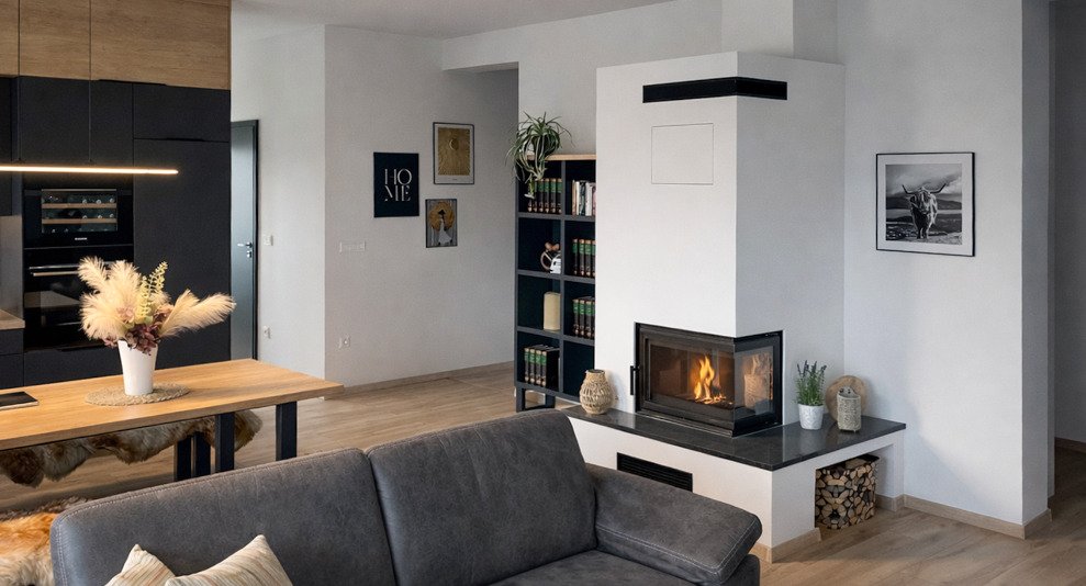 Living area with a central stove and an intelligent layout between the living and kitchen zones
